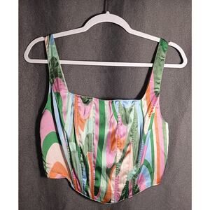 Papermoon Pink Green Cropped Corset Tank Top Large Coquette Concert Layers Zip